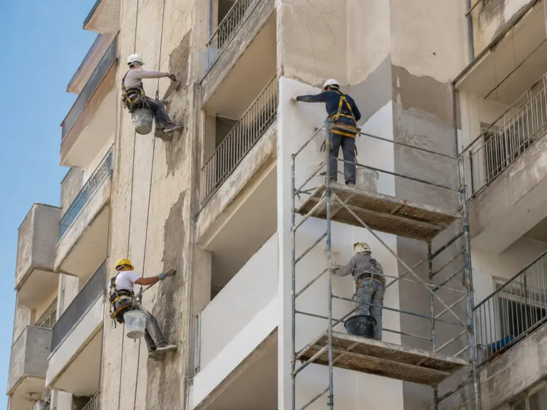 צוות מקצועי מבצע עבודות שיקום מבנים בגובה, כולל תיקוני חזית, טיח, איטום וצביעה תוך שימוש בציוד בטיחות מתאים